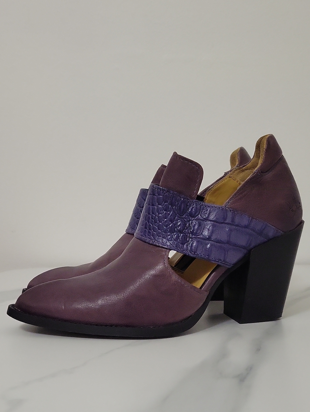 John Fluevog Purple Leather Block Heel Shoes with Croc-Texture Strap
